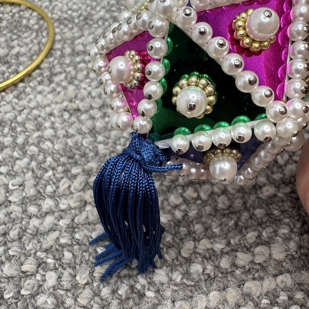 Vtg Christmas Ornament Geometric Push Pin Beaded Foil Faux Pearl w Tassel - Picture 9 of 10